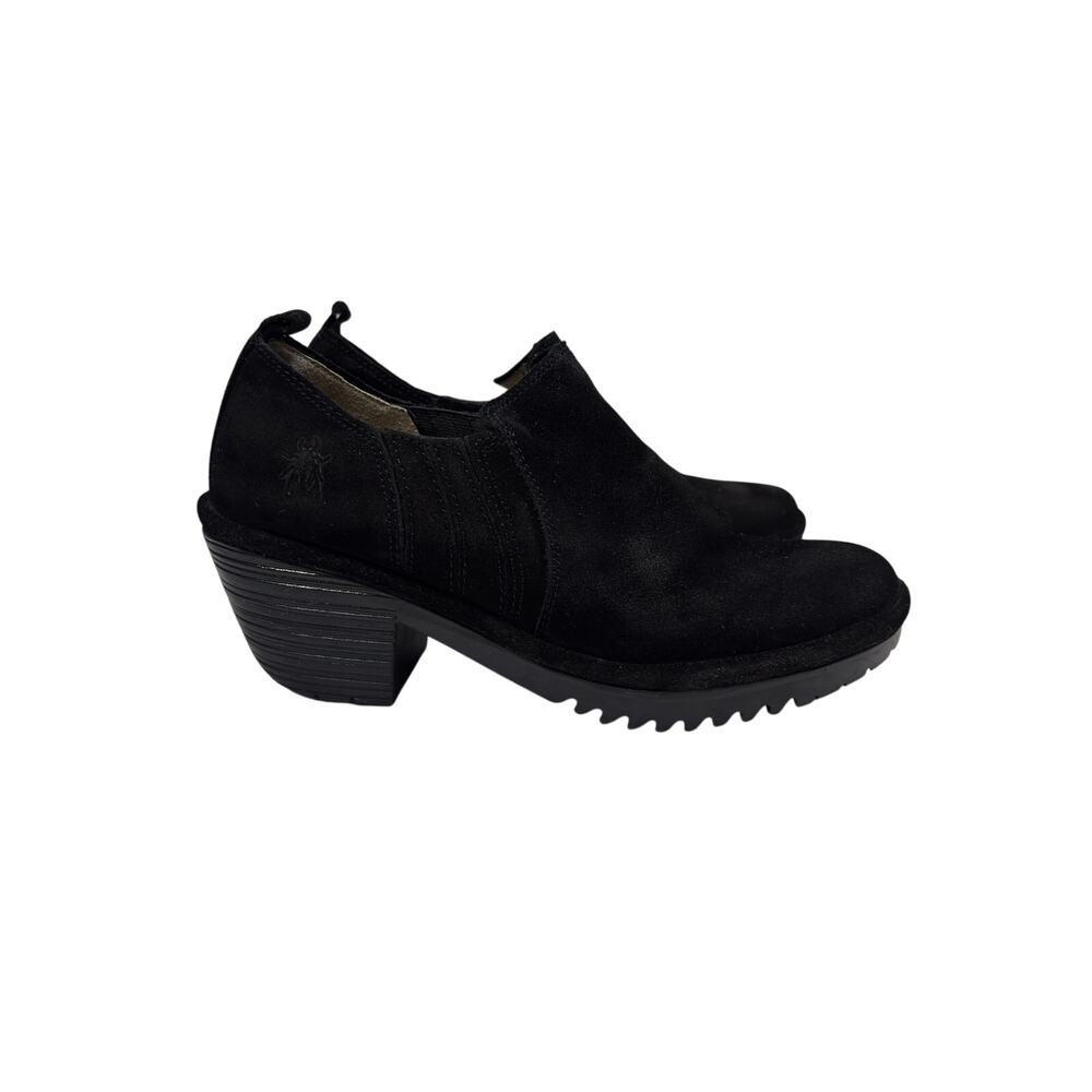 Fly London Ankle Boots Womens 37 US7 Black Suede Block Heel Lug Sole